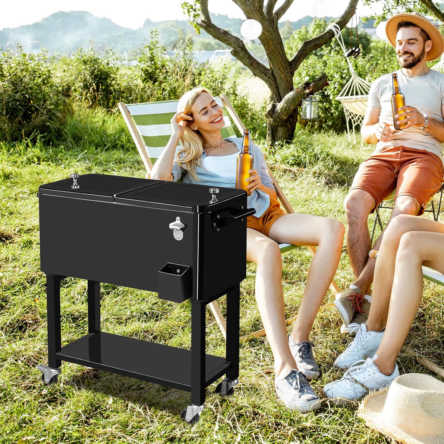 Outvita 80 Quart Rolling Ice Chest, Portable Bar Drink Cooler with Catch Basin, Bottom Storage Tray and Bottle Opener for Patio Party BBQ Beach Activities