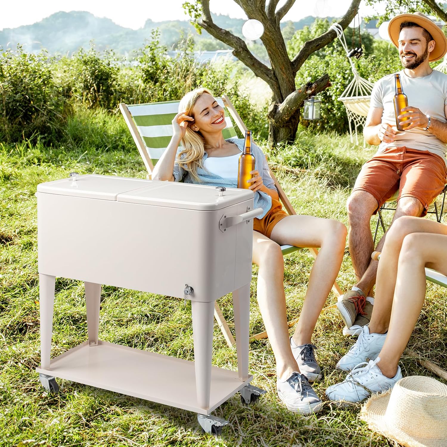 Outvita 80 Quart Rolling Ice Chest, Portable Bar Drink Cooler with Catch Basin, Bottom Storage Tray and Bottle Opener for Patio Party BBQ Beach Activities