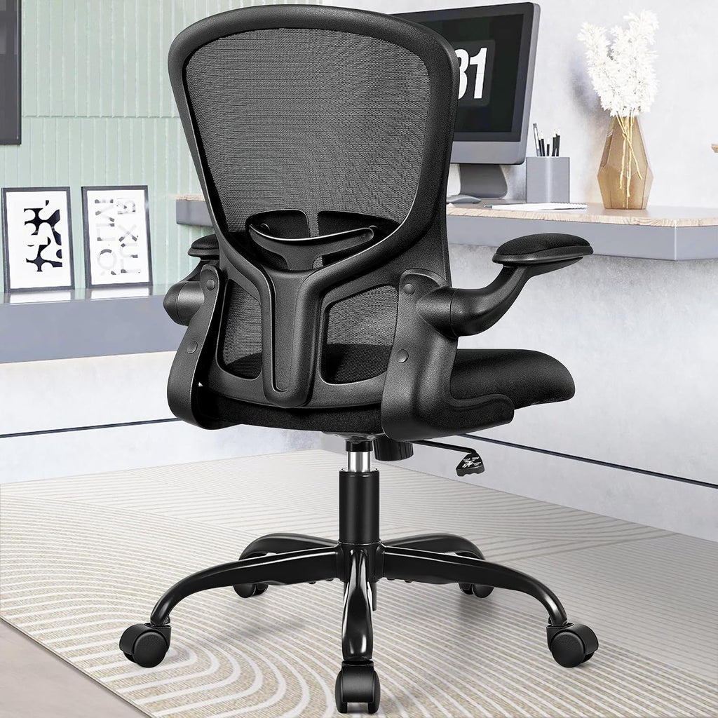 FelixKing Office Desk Chairs, Ergonomic PC Desk Chair with Wheels, Adjustable Lumbar Support and Height, Swivel Computer Chair with Flip-up Armrests, Ergo Mesh Backrest for Working (Black, Pack of 2)