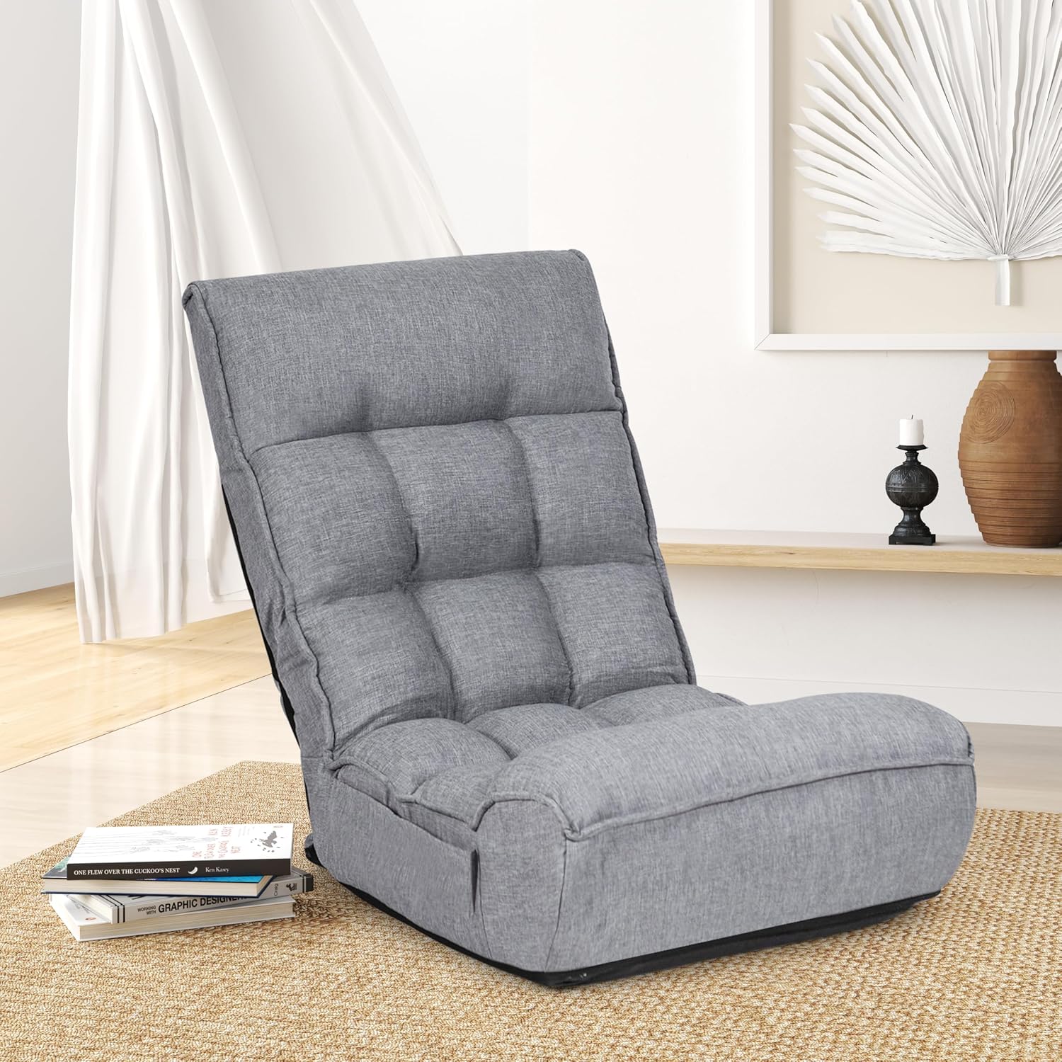KOMFOTT Folding Floor Chair for Adults, Floor Gaming Chair with 5-Position Adjustable Headrest & 4-Position Adjustable Backrest, Side Pocket, Floor Seating Lazy Sofa for Reading, Meditating, Grey