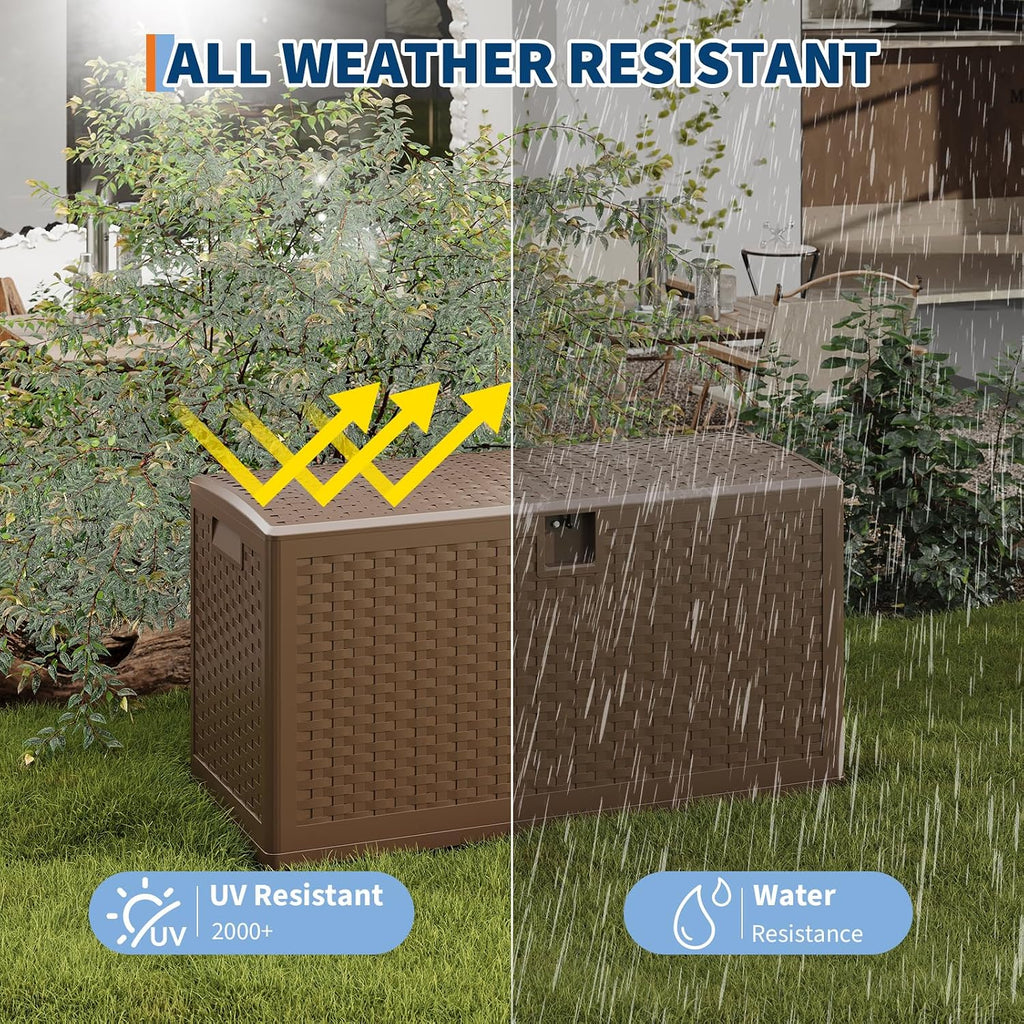 Garvee Outdoor Storage Box, 73 gal Large Waterproof Resin Deck Box Indoor Outdoor Use, Lockable UV Resistant Storage Bin for Patio, Garden, Cushions, Tools, Equipment, Brown
