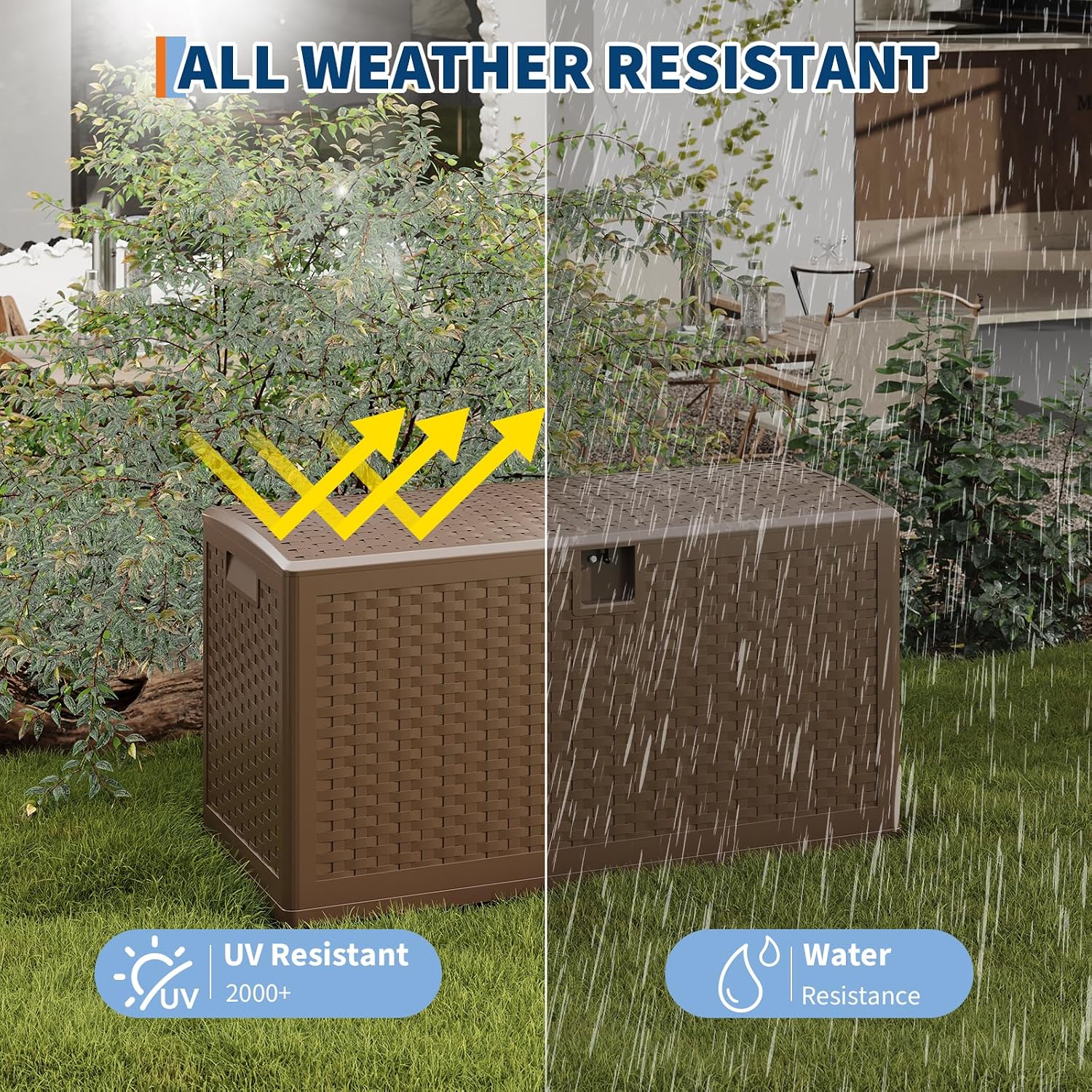 Garvee Outdoor Storage Box, 73 gal Large Waterproof Resin Deck Box Indoor Outdoor Use, Lockable UV Resistant Storage Bin for Patio, Garden, Cushions, Tools, Equipment, Brown