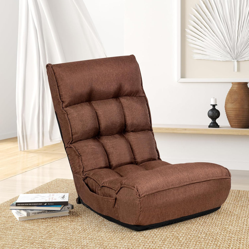 KOMFOTT Folding Floor Chair for Adults, Floor Gaming Chair with 5-Position Adjustable Headrest & 4-Position Adjustable Backrest, Side Pocket, Floor Seating Lazy Sofa for Reading, Meditating, Brown