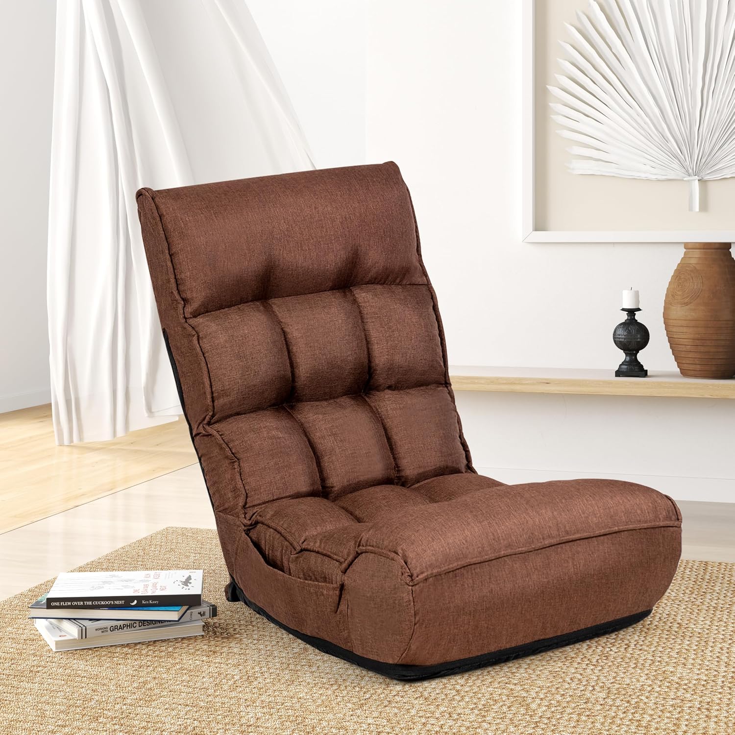 KOMFOTT Folding Floor Chair for Adults, Floor Gaming Chair with 5-Position Adjustable Headrest & 4-Position Adjustable Backrest, Side Pocket, Floor Seating Lazy Sofa for Reading, Meditating, Brown