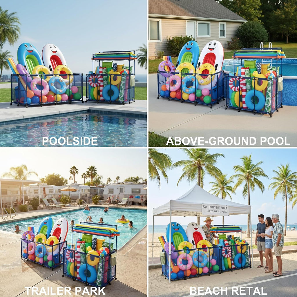 Yescom 2 Pack Pool Float Storage Bin Basket for Toy Raft Noodles Outdoor Metal Frame Mesh Net Rolling Organizer Cart Blue