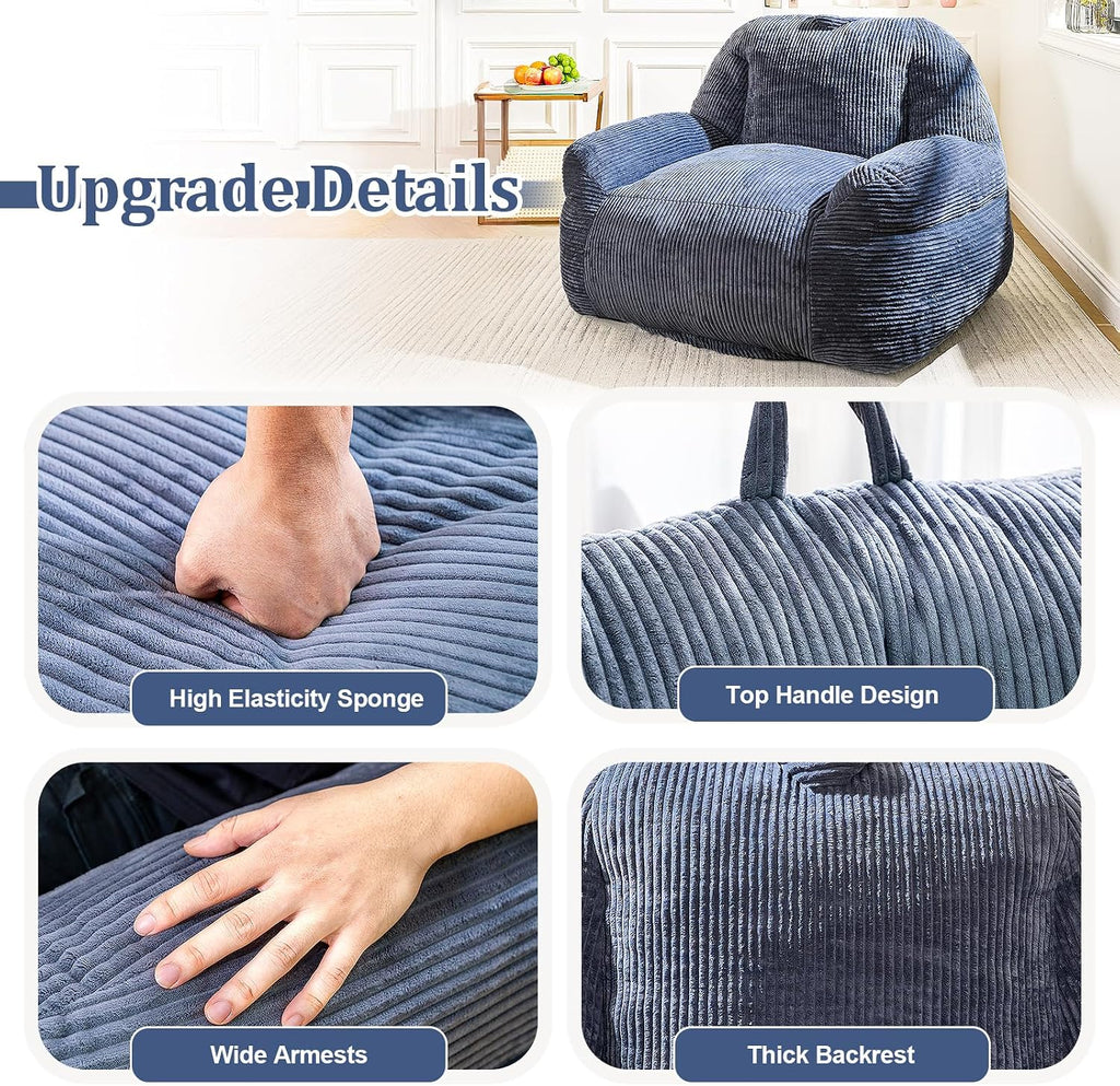 Giant Bean Bag Chair, Faux Fur Bean Bag Chairs for Adults, Fluffy and Comfy Bean Bag with Filler, Big Bean Bag Sofa Chair for Reading, Gaming, Stuffed High-Density Foam (Grey)