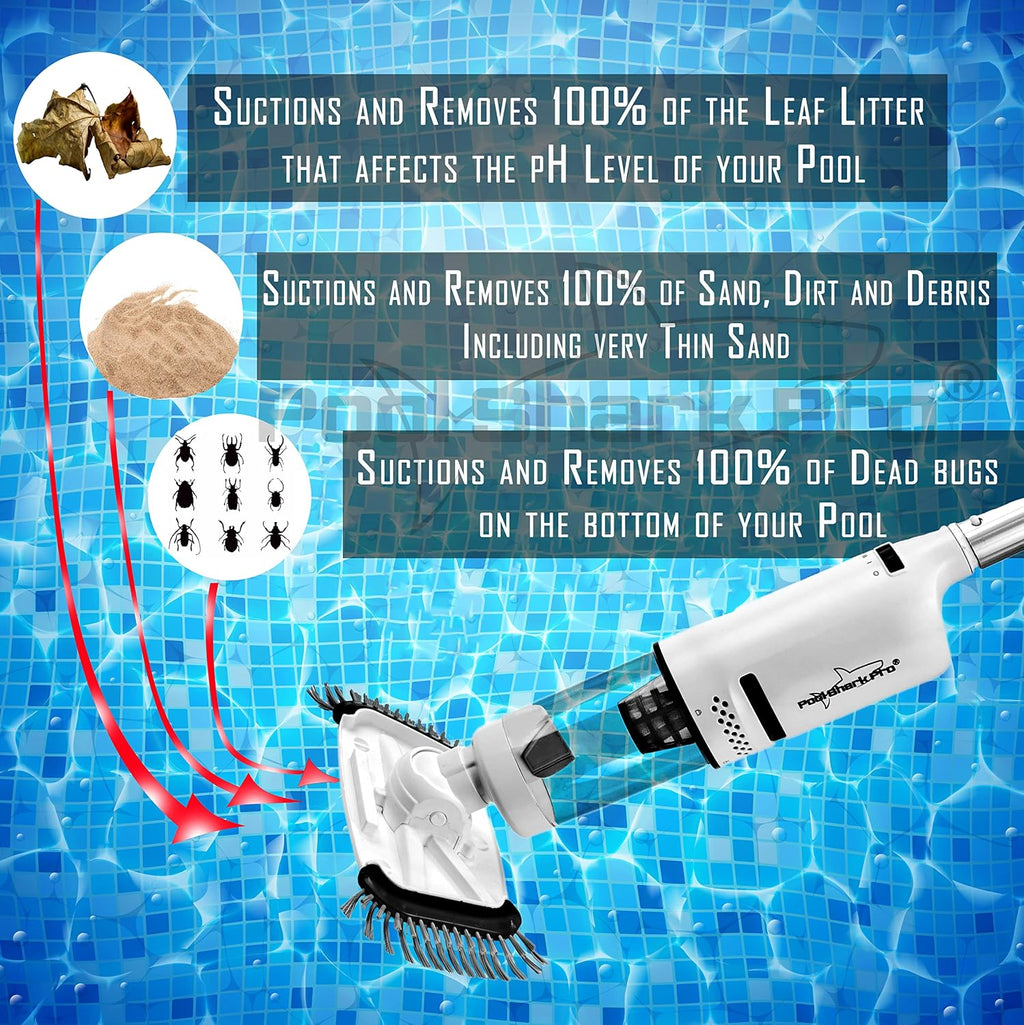 POOL SHARK Pro Cordless Pool Vacuum 1.5 Hours Strong Suction for Deep Pool Cleaning, Handheld Rechargeable Swimming Pool Cleaner with Roller and Heavy Duty Brushes for Inground and Above Ground Pools