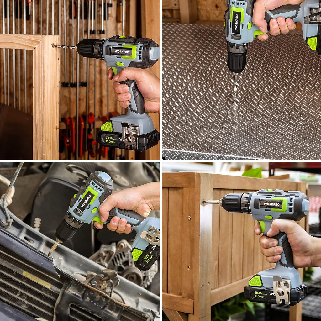 WORKPRO Home Tool Set with 20V Cordless Lithium-Ion Drill Driver, Household Repairing Tool Kit with Drill, 157PCS Power Drill Sets, 14-Inch Wide Mouth Storage Tool Bag, Green