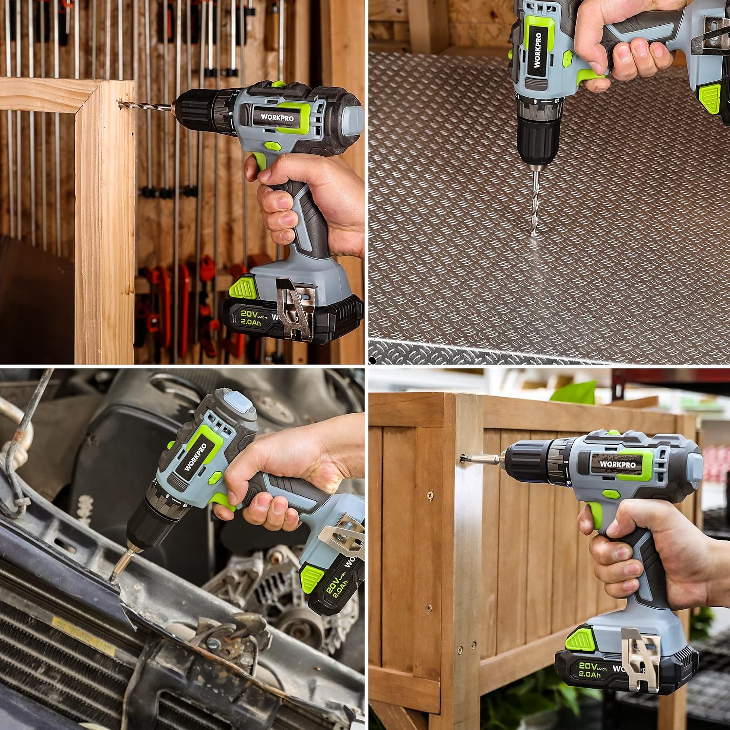 WORKPRO Home Tool Set with 20V Cordless Lithium-Ion Drill Driver, Household Repairing Tool Kit with Drill, 157PCS Power Drill Sets, 14-Inch Wide Mouth Storage Tool Bag, Green