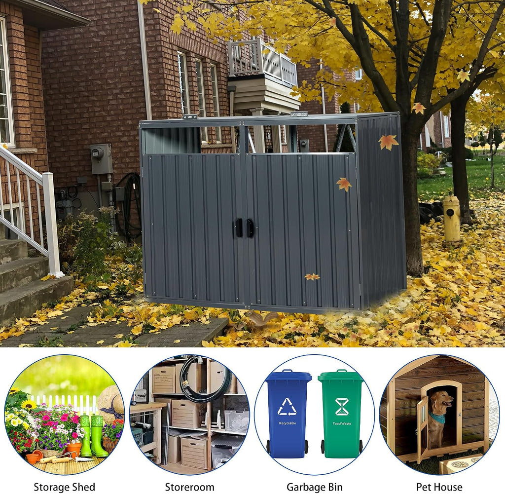 Outdoor Trash Can Storage Shed, Metal Trash Can Enclosure for 2 Trash Cans, Garbage Can Holders for Outside, Garbage Bin Storage Shed for Garden Yard Lawn (5.3 FT, Dark Gray)