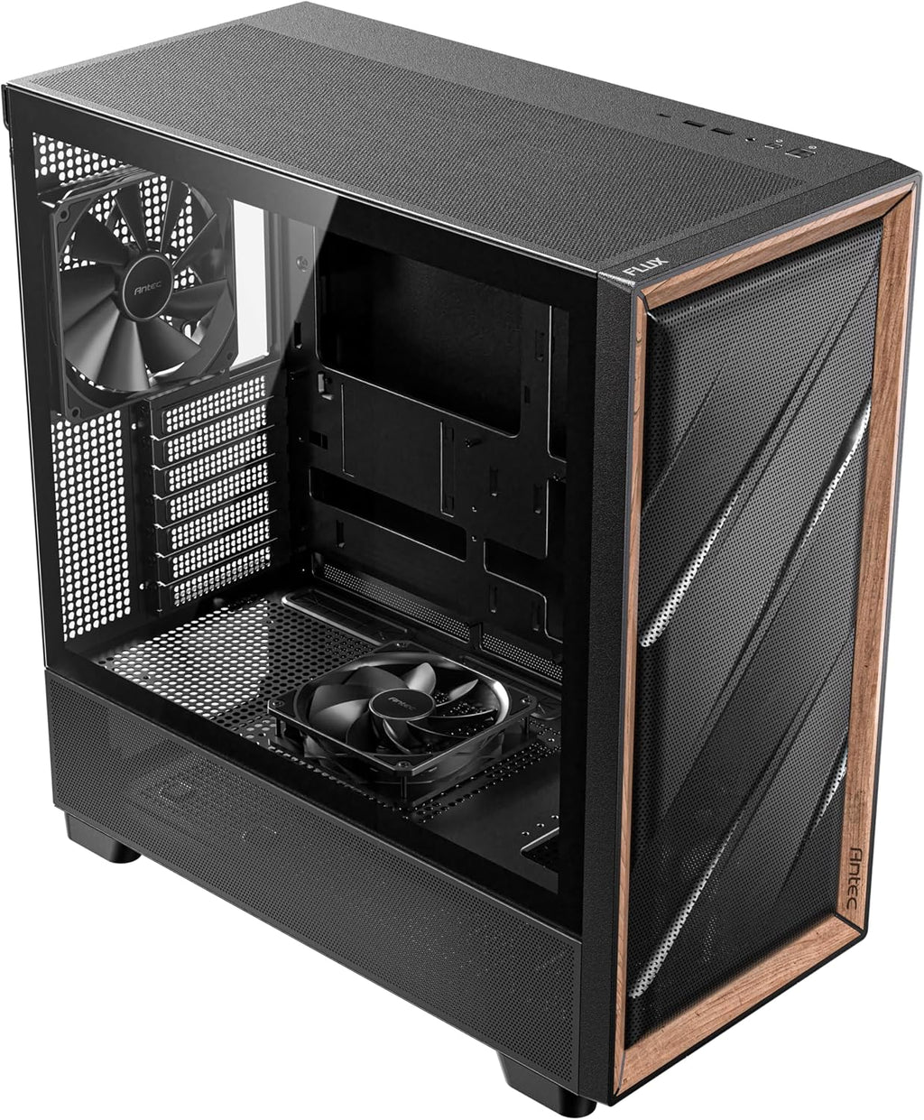 Antec Flux Wood, 5 x PWM Fans Included, High-Airflow Front Panel with Walnut Wood, Type-C, 420mm Radiator & Back Connect Motherboard Support, Up to 9 Fans Simultaneously, Mid-Tower E-ATX PC Case
