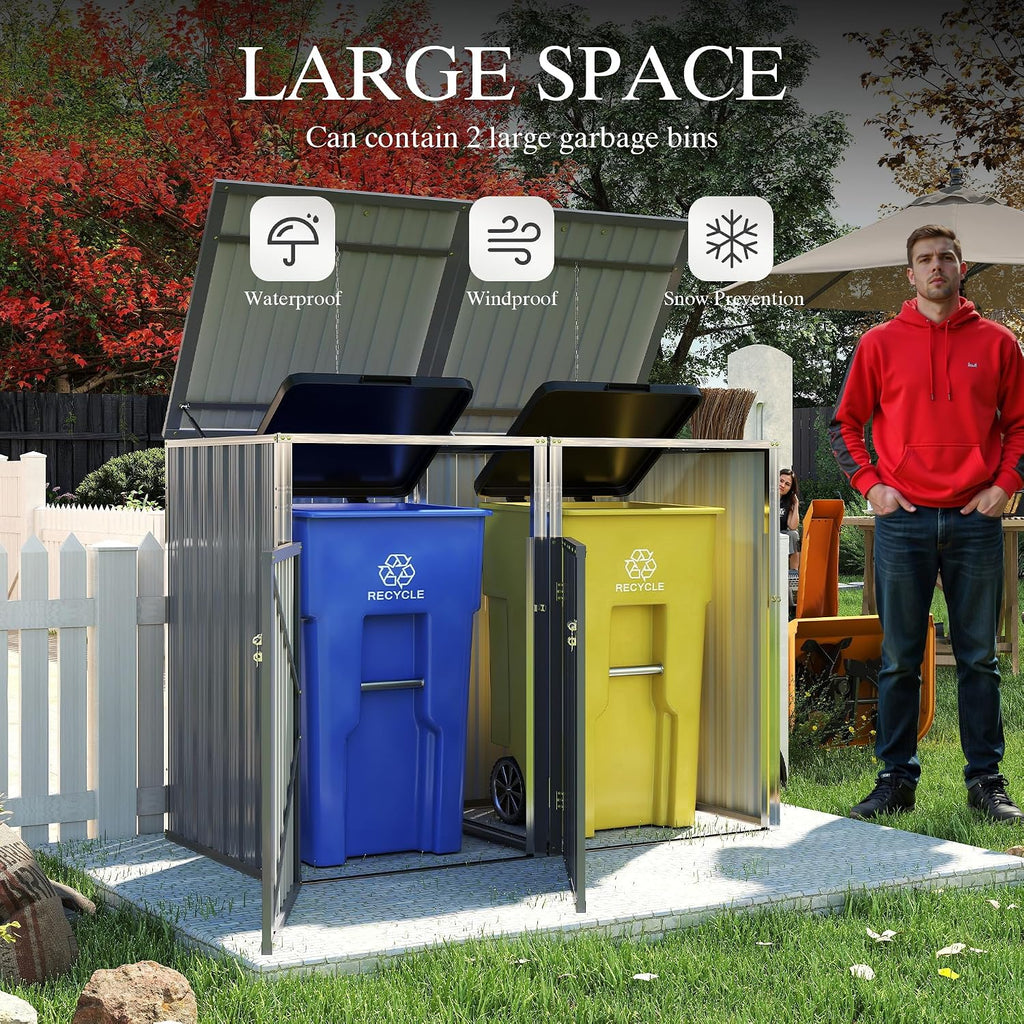 Outdoor Metal Garbage Bin Shed for 2 Trash Cans, Waterproof Galvanized Steel Double Trash Can Storage Shed with Hydraulic Lid, Lockable Door & Large Capacity for Garden Yard Patio, Light Gray