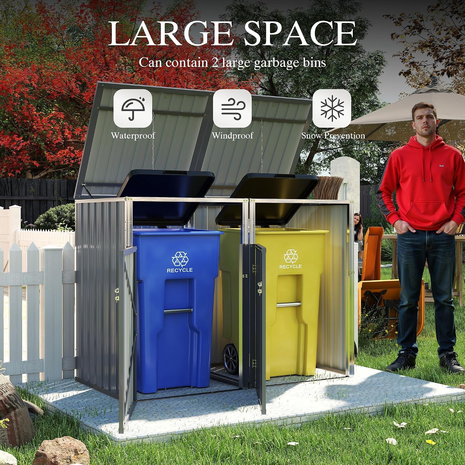 Outdoor Metal Garbage Bin Shed for 2 Trash Cans, Waterproof Galvanized Steel Double Trash Can Storage Shed with Hydraulic Lid, Lockable Door & Large Capacity for Garden Yard Patio, Light Gray