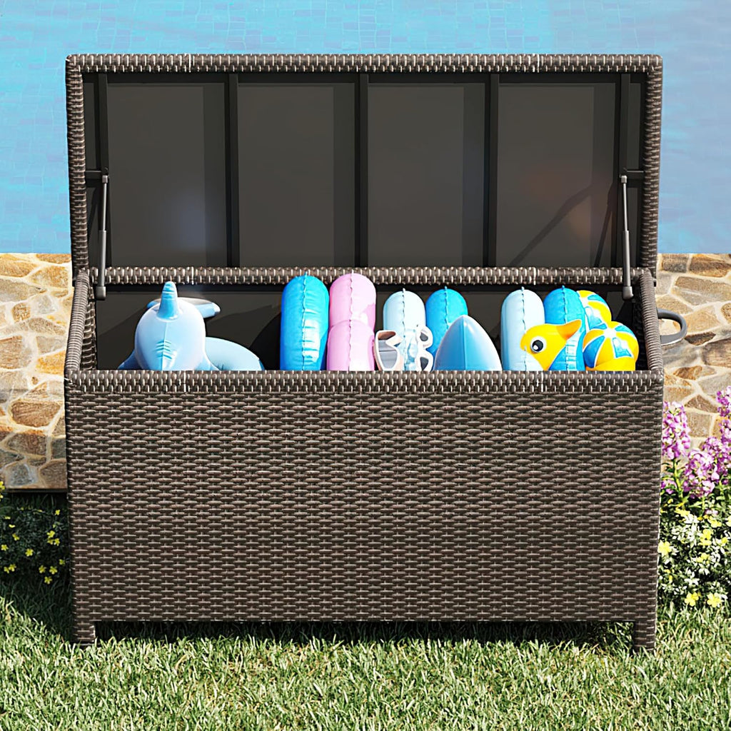 125 Gallon Outdoor Storage Box with Wheels - Large Wicker Rattan Deck Box for Patio Cushions, Garden Tools, Pool Floats & Pillows, All-Weather Patio Furniture Storage, Brown