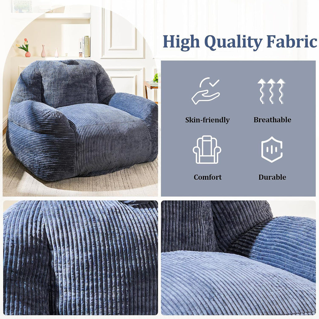 Giant Bean Bag Chair, Faux Fur Bean Bag Chairs for Adults, Fluffy and Comfy Bean Bag with Filler, Big Bean Bag Sofa Chair for Reading, Gaming, Stuffed High-Density Foam (Grey)