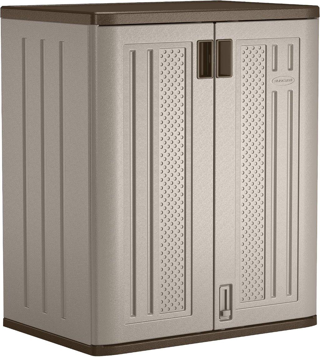 Suncast 30 Gallon Resin Outdoor Hideaway Patio Trash Can and Base Storage Cabinet Bundle
