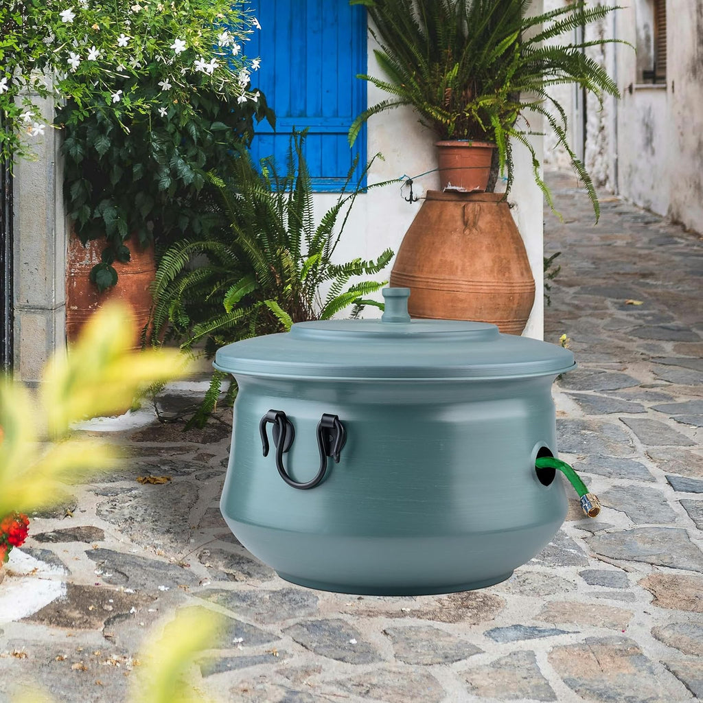 Decorative Garden Hose Holder Storage Pot with Lid | Hose Container Pot Outdoor or Indoor Use | Water Hose Hider 19x15.25 Inches,Green | Handmade (Brushed Green)