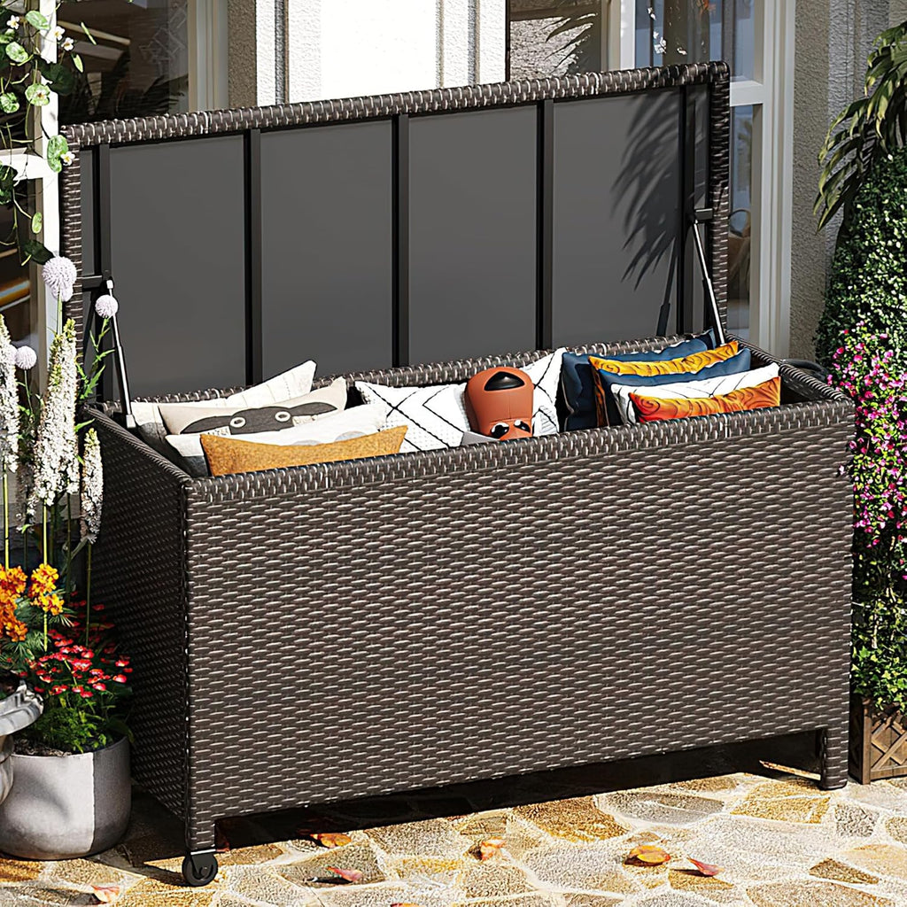 125 Gallon Outdoor Storage Box with Wheels - Large Wicker Rattan Deck Box for Patio Cushions, Garden Tools, Pool Floats & Pillows, All-Weather Patio Furniture Storage, Brown