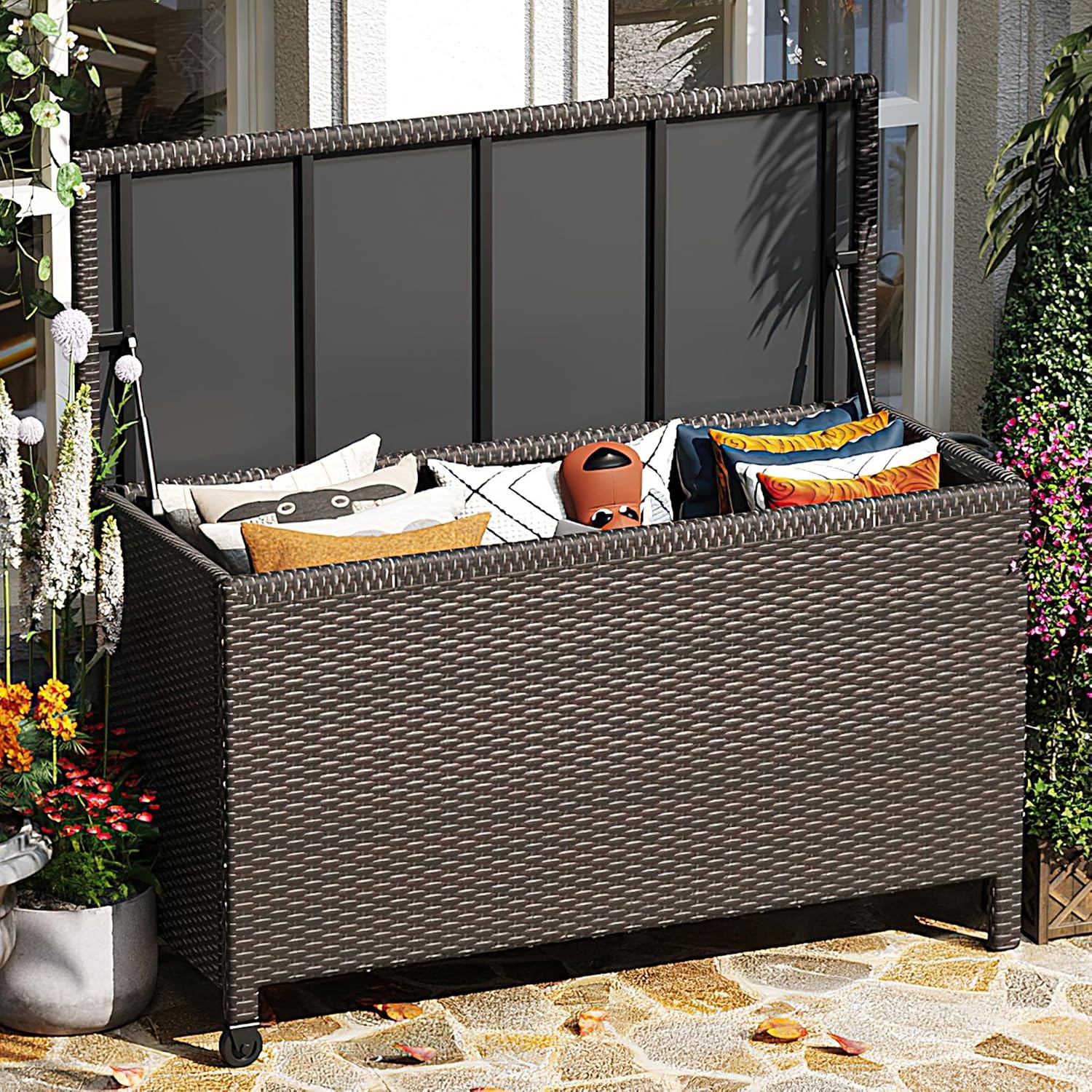 125 Gallon Outdoor Storage Box with Wheels - Large Wicker Rattan Deck Box for Patio Cushions, Garden Tools, Pool Floats & Pillows, All-Weather Patio Furniture Storage, Brown