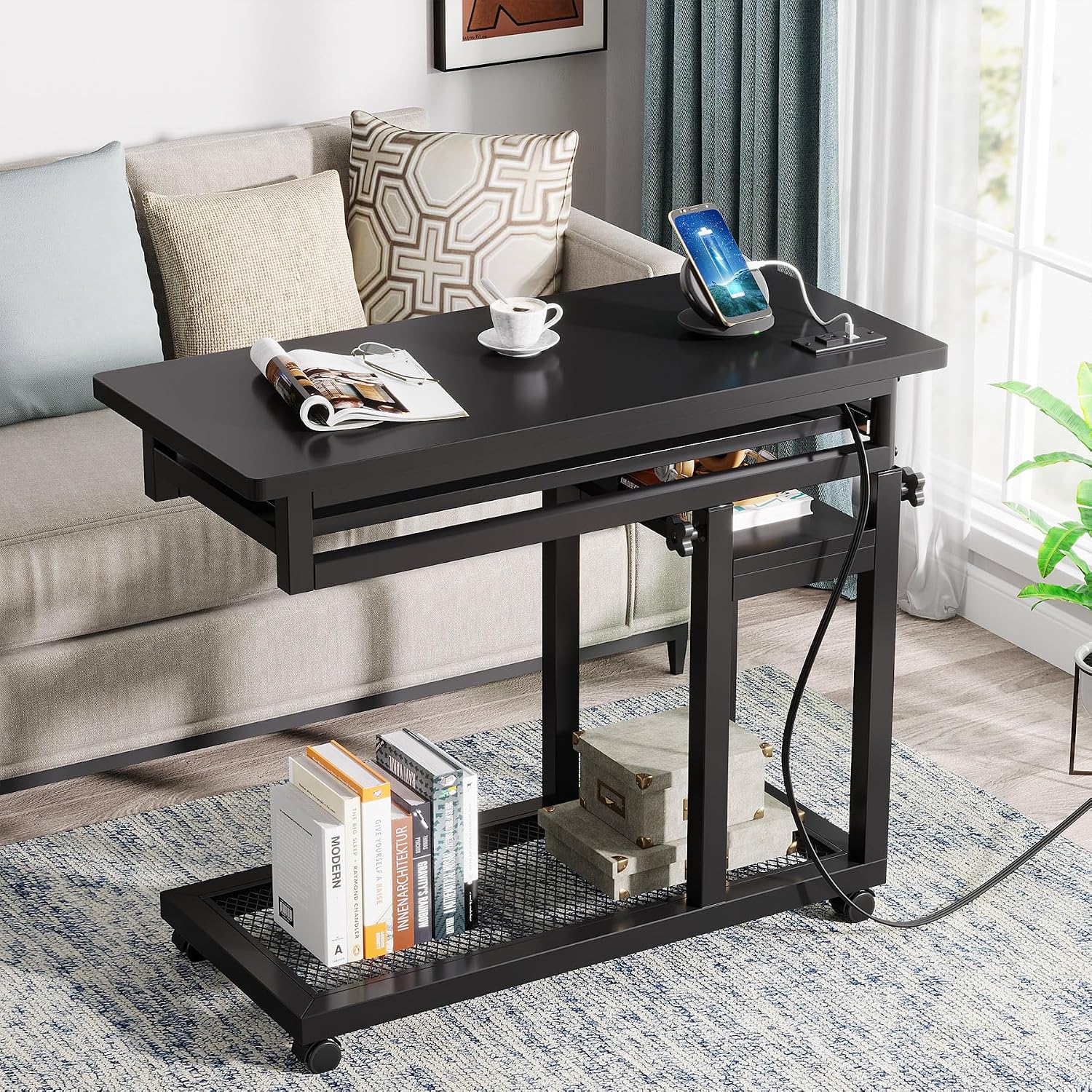 Tribesigns Small Portable Desk with Power Outlet, Height Adjustable Sofa Couch Bedside Laptop Table with Wheels, Mobile Standing Desk Rolling Computer Cart C Side Table with USB Ports