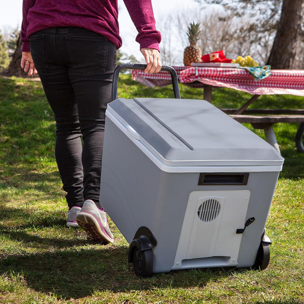 Koolatron Electric Portable Cooler Plug in 12V Car Cooler/Warmer 36 qt (34 L) w/Wheels, No Ice Thermo Electric Portable Fridge for Camping, Travel Road Trips with 12 Volt DC Power Cord, Gray/White.