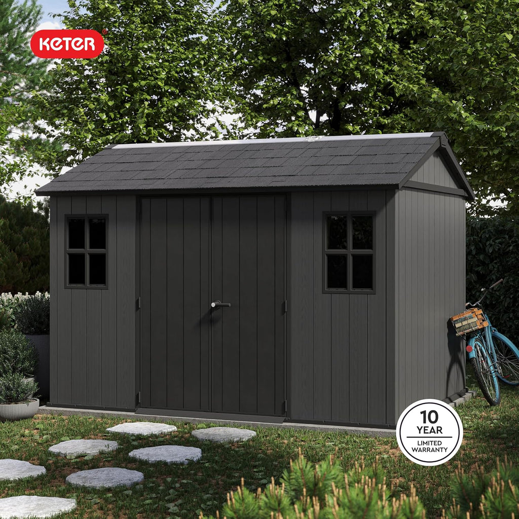Keter Newton Plus 7.5x11 Ft All-Weather Storage Shed with Skylight, Window, Built-in Ventilation, Customizable Walls, & Lockable Double Doors, Graphite