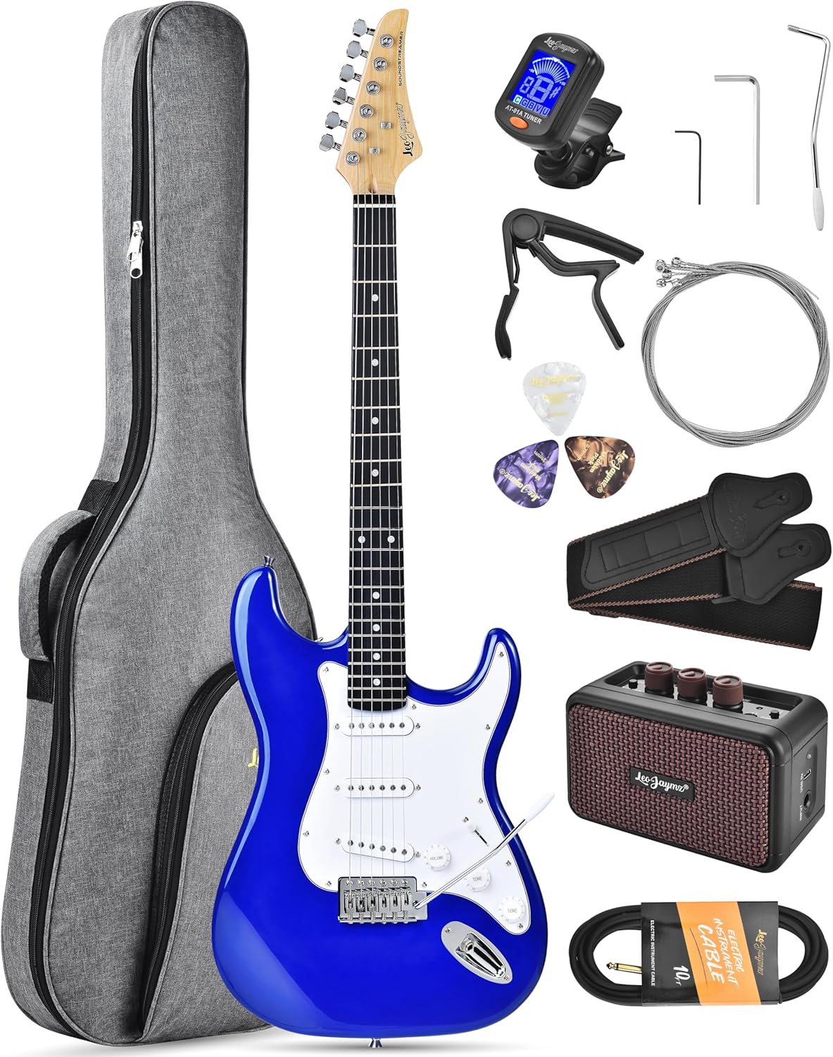 Leo Jaymz Beginner Electric Guitar Complete Kit with Portable Amp, Padded Gig Bag & Full Accessories, Maple Neck SSS Pickups(Royal Blue)