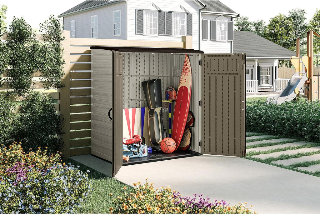 Suncast Extra-Large Vertical Storage Shed for Yard Storage, All-Weather Outdoor Storage Shed with 2 Lockable Doors, 70.5' W x 44.25' D x 77.5' H, Sand