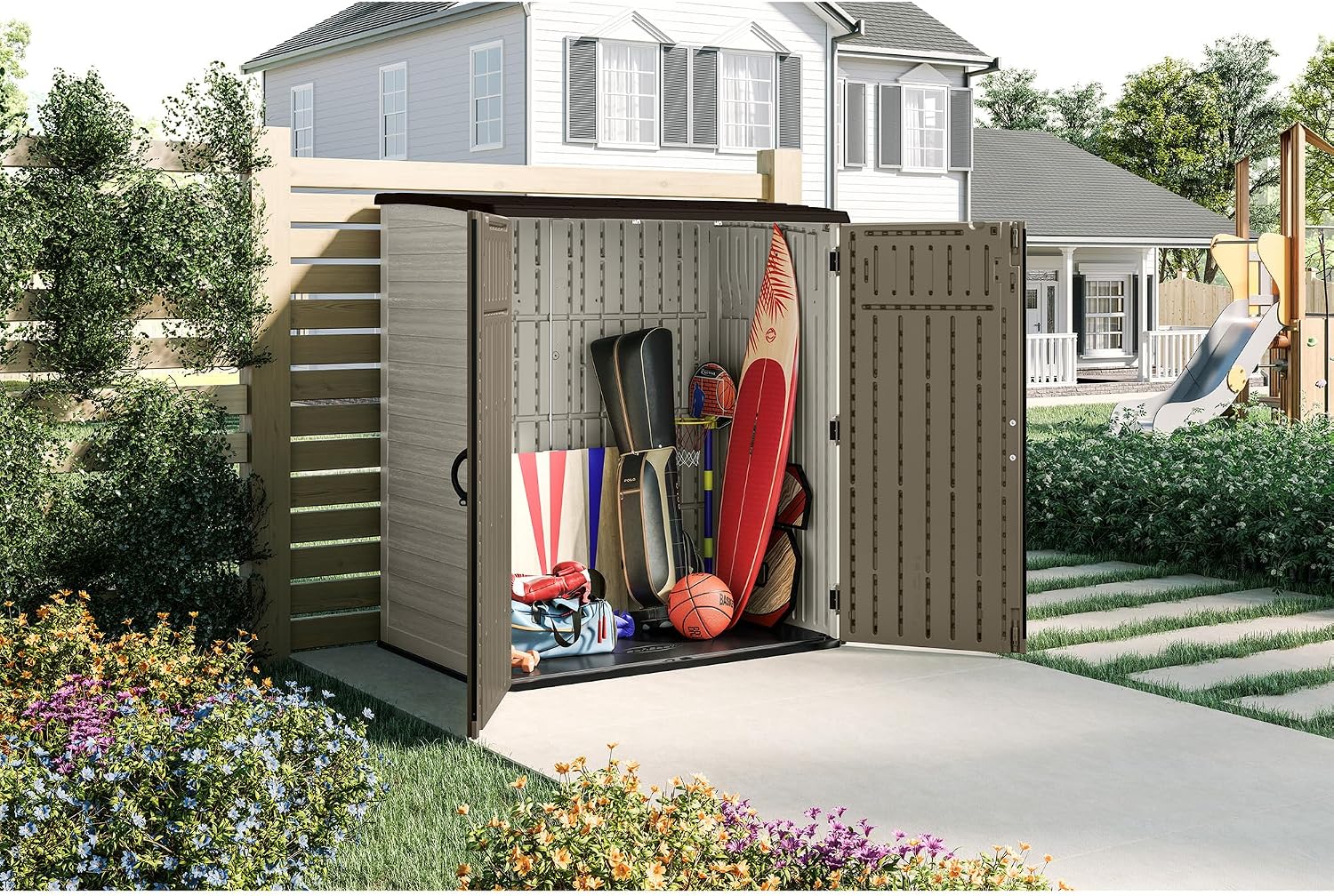 Suncast Extra-Large Vertical Storage Shed for Yard Storage, All-Weather Outdoor Storage Shed with 2 Lockable Doors, 70.5' W x 44.25' D x 77.5' H, Sand