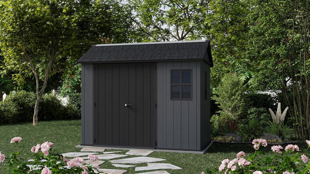 Keter Newton Plus 7.5x9 Ft All-Weather Storage Shed with Skylight, Window, Built-in Ventilation, Customizable Walls, & Lockable Double Doors, Graphite
