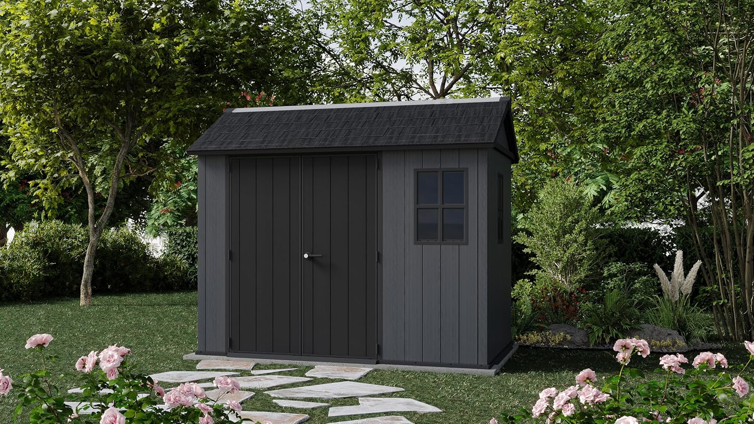 Keter Newton Plus 7.5x9 Ft All-Weather Storage Shed with Skylight, Window, Built-in Ventilation, Customizable Walls, & Lockable Double Doors, Graphite