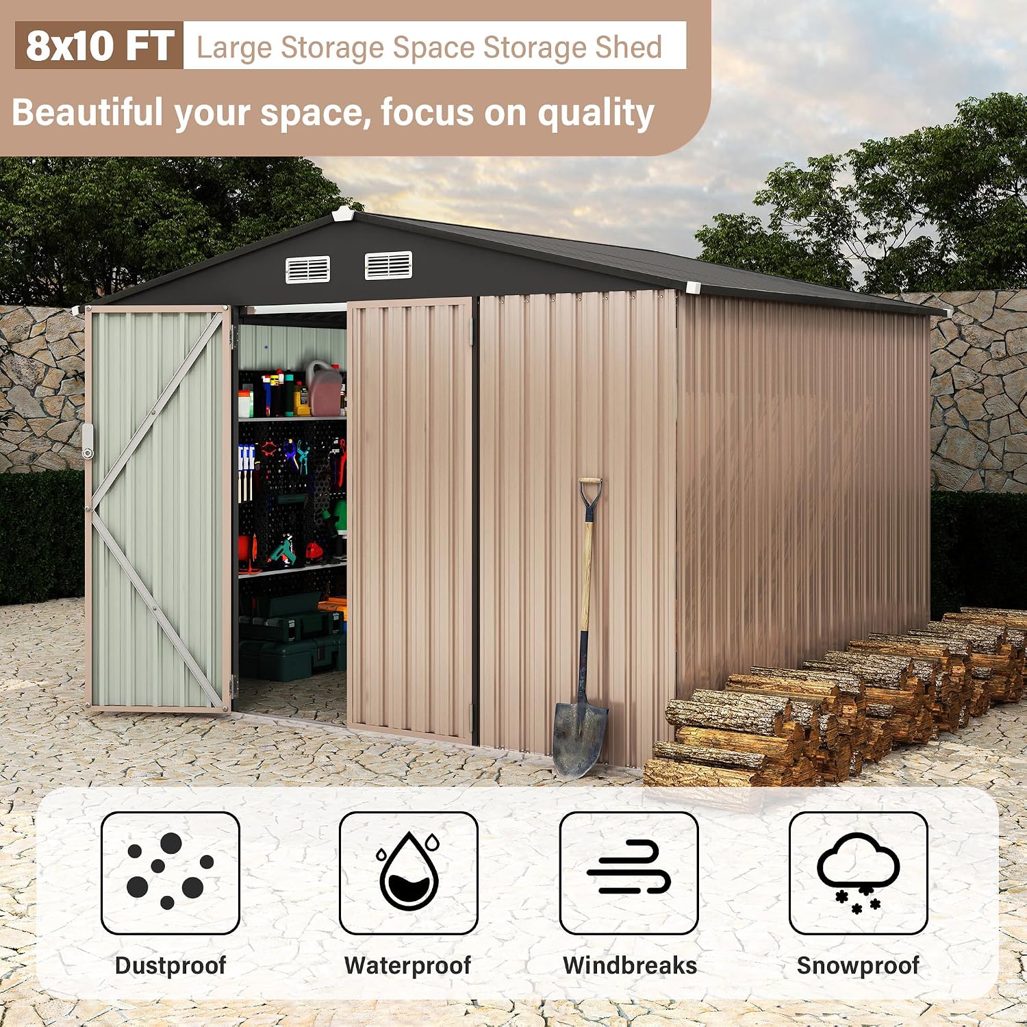 8x10 FT Metal Storage Sheds Outdoor, Metal Yard Sheds Garden Shed Kit, Tool Shed with Lockable Door, Utility Sheds Buildings with Air Vent for Backyard Garden Patio Lawn
