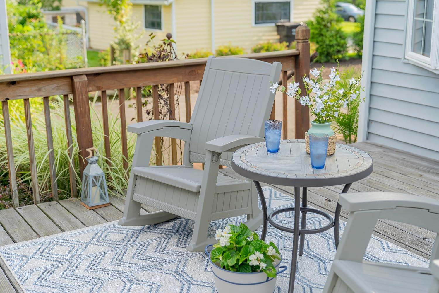 Suncast Outdoor Patio Rocking Chair with Under-Seat Storage, Stylish Faux Wood Outdoor Rocker for Patios, Dove Gray, Made in The USA