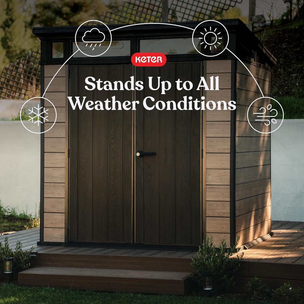 Keter Signature Collection 7x7 Ft All-Weather Storage Shed with Skylight, Window, Built-in Ventilation, & Lockable Double Doors, Ashwood