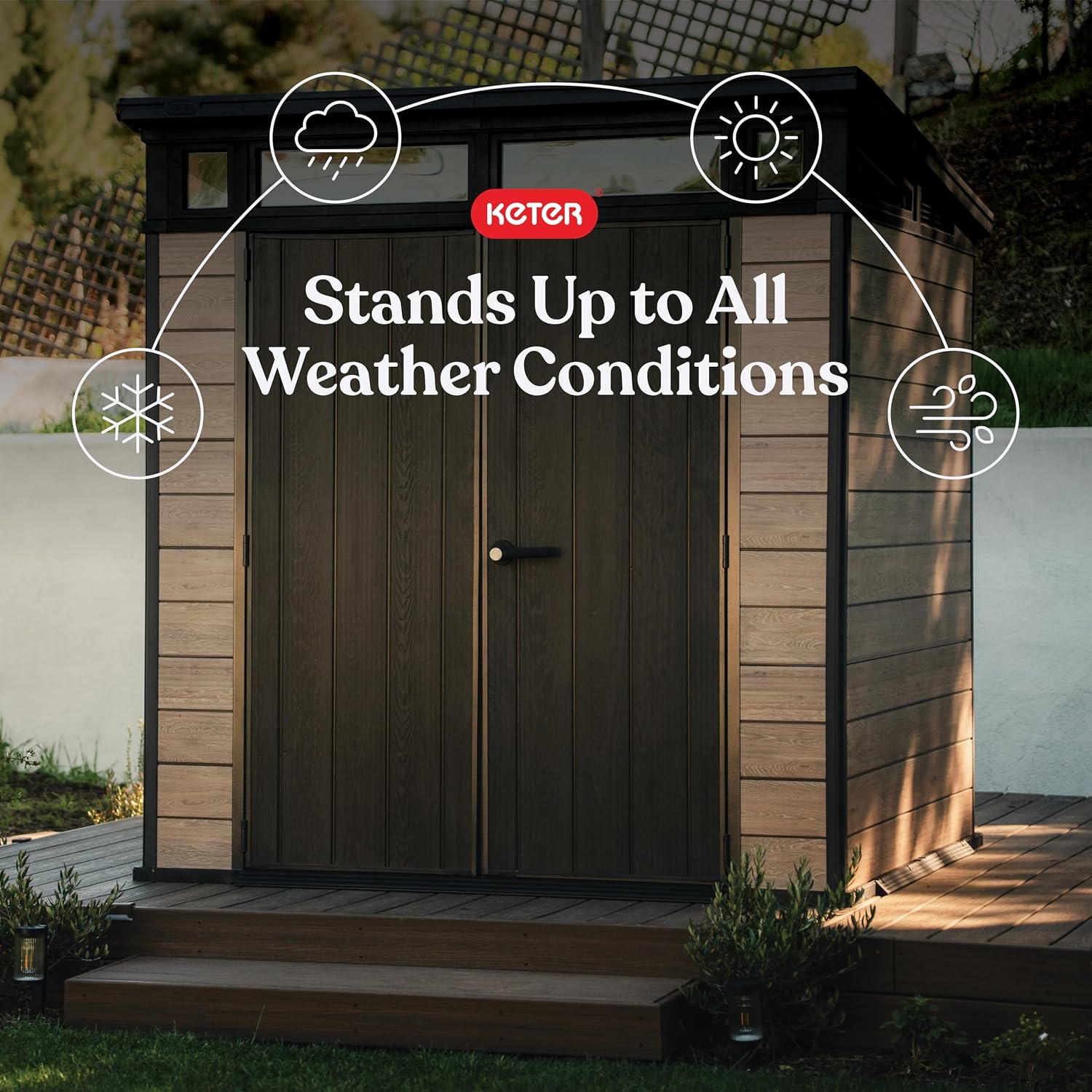 Keter Signature Collection 7x7 Ft All-Weather Storage Shed with Skylight, Window, Built-in Ventilation, & Lockable Double Doors, Ashwood