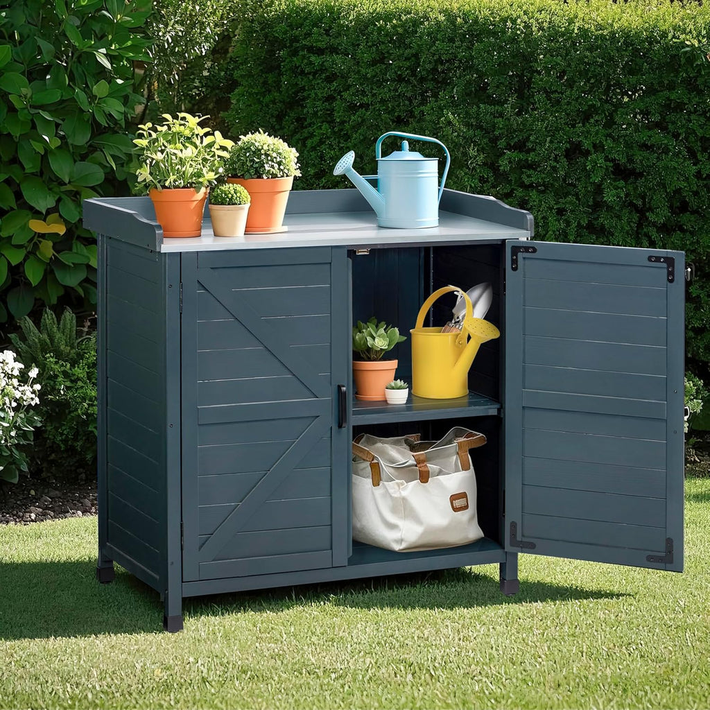 HABAU Outdoor Potting Bench with Storage Cabinet & Metal Tabletop, Wooden Garden Workstation for Patio, Weatherproof
