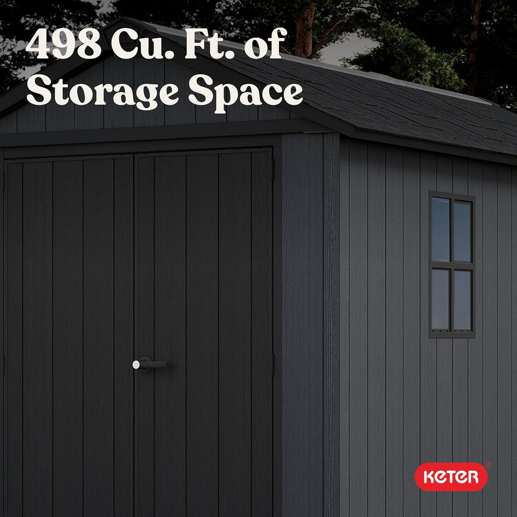 Keter Newton Plus 7.5x11 Ft All-Weather Storage Shed with Skylight, Window, Built-in Ventilation, Customizable Walls, & Lockable Double Doors, Graphite
