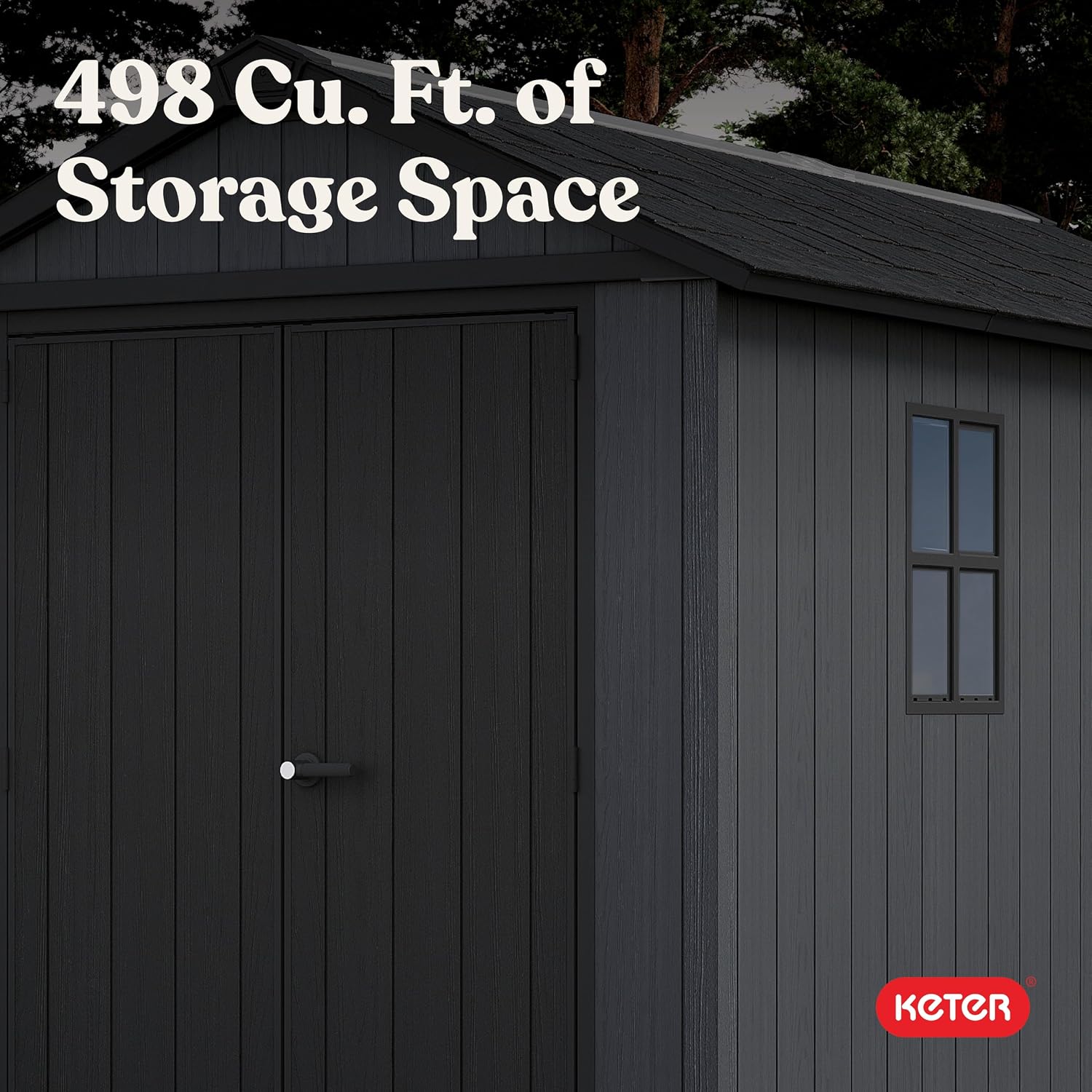 Keter Newton Plus 7.5x11 Ft All-Weather Storage Shed with Skylight, Window, Built-in Ventilation, Customizable Walls, & Lockable Double Doors, Graphite