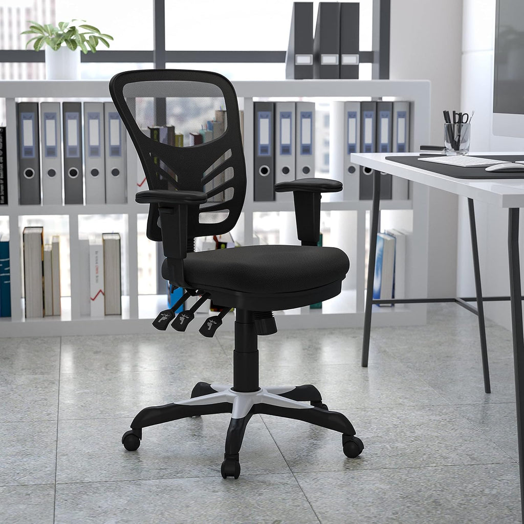 Flash Furniture Nicholas Mid-Back Black Mesh Multifunction Executive Swivel Ergonomic Office Chair with Adjustable Arms, Set of 4