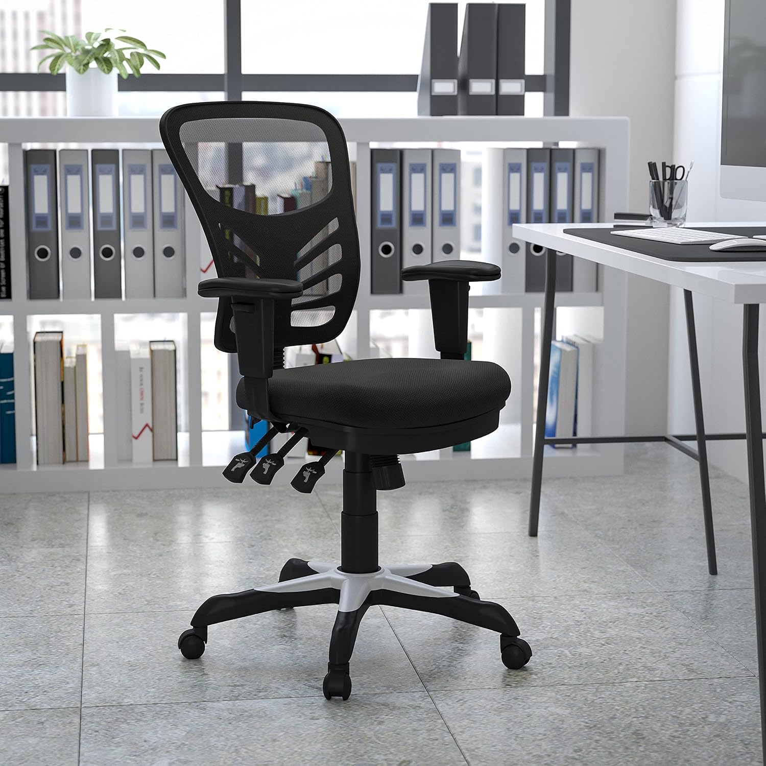 Flash Furniture Nicholas Mid-Back Black Mesh Multifunction Executive Swivel Ergonomic Office Chair with Adjustable Arms, Set of 4