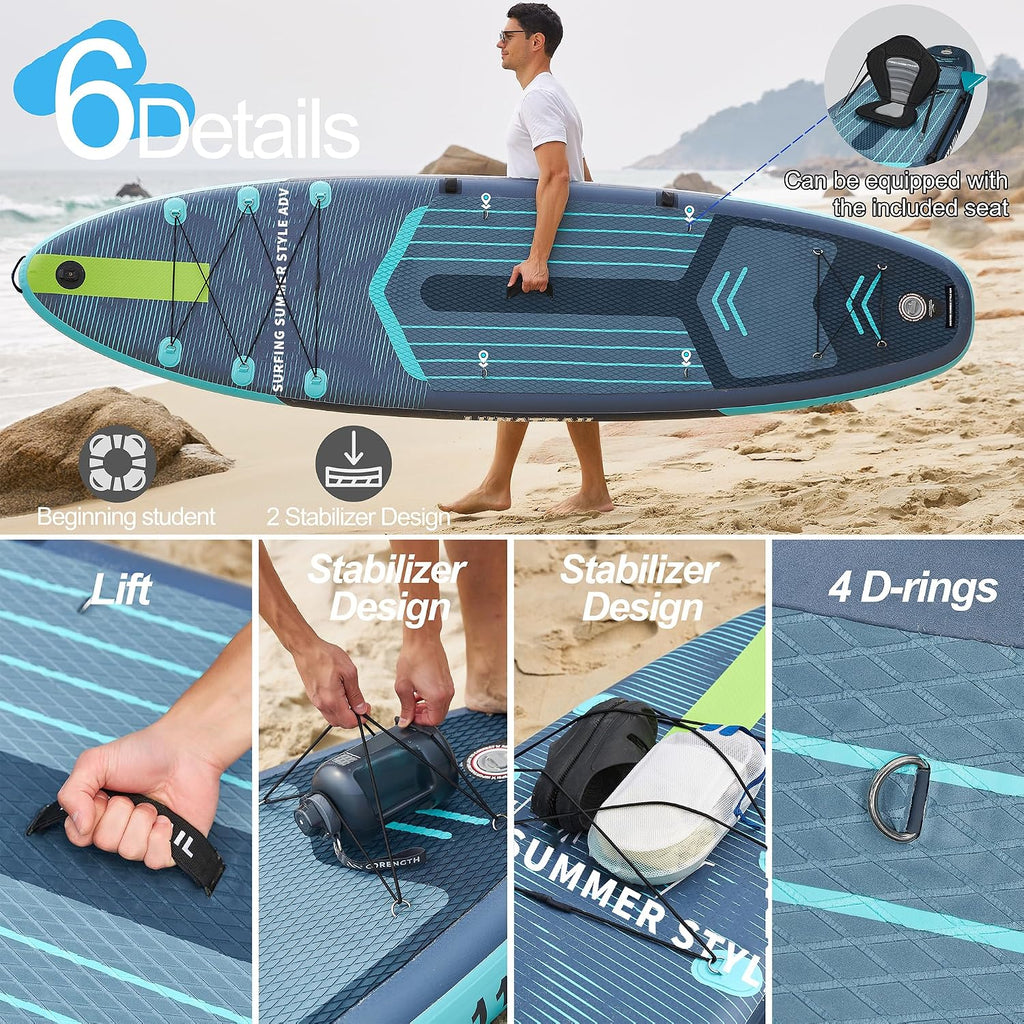 Extra Wide & Long Inflatable Stand Up Paddle Board – 11' x 34' x 6' Premium SUP with Kayak Seat, Surfing & Family Fun | Portable Complete Kit for Travel