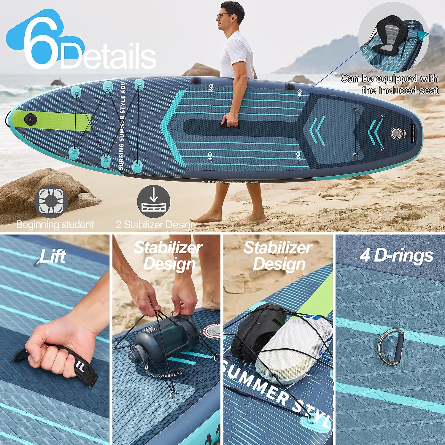 Extra Wide & Long Inflatable Stand Up Paddle Board – 11' x 34' x 6' Premium SUP with Kayak Seat, Surfing & Family Fun | Portable Complete Kit for Travel