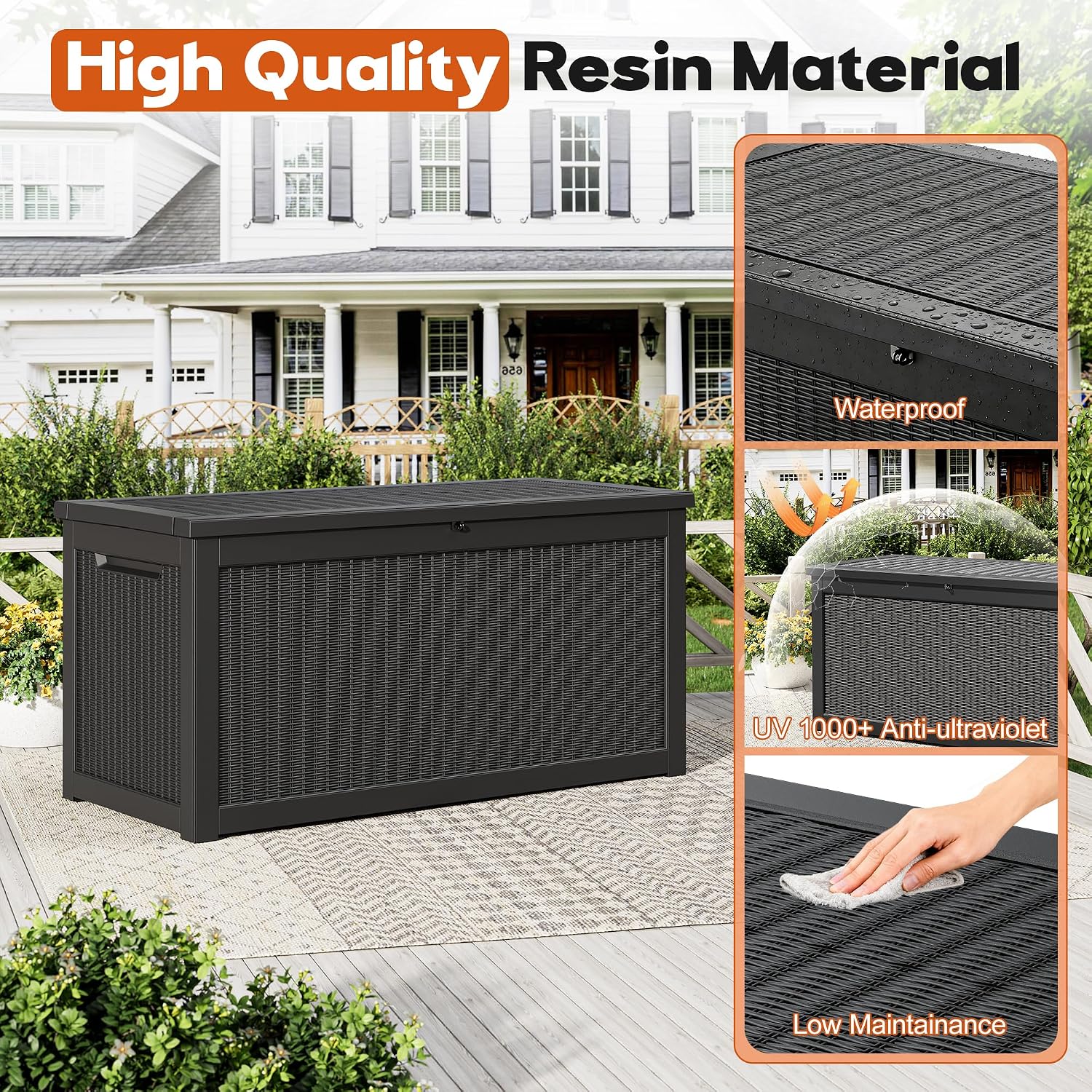 Outdoor Storage Deck Boxes Waterproof, Waterproof and UV Resistant Outdoor Storage Box Lockable Lid for Delivery Box, Indoor, Garden Tools, Pool Supplies, Patio (Black, 300 Gallon)