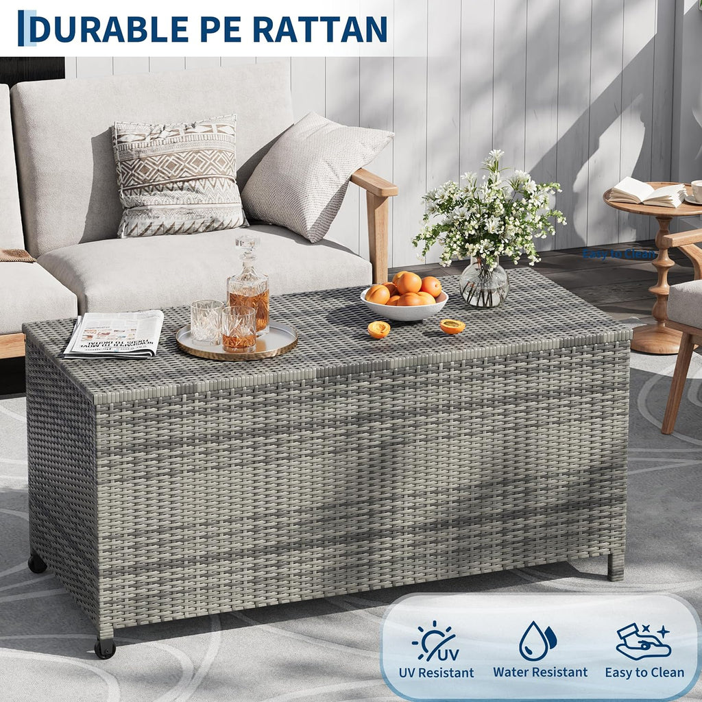 125 Gallon Large Deck Box Waterproof PE Rattan Outdoor Storage Box with Handles and Wheels, Storage Bin for Garden, Balcony, Porch, Pool, Yard