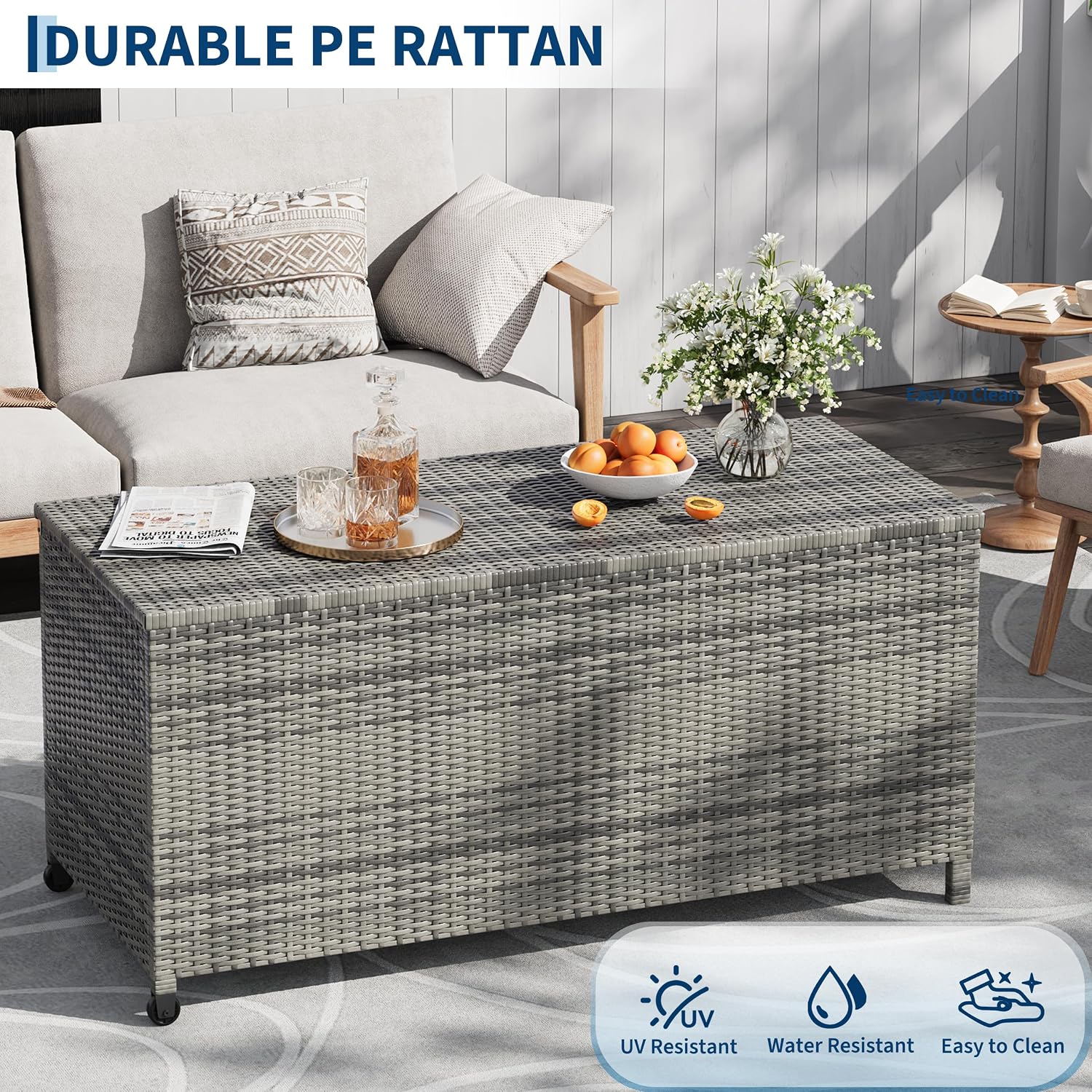 125 Gallon Large Deck Box Waterproof PE Rattan Outdoor Storage Box with Handles and Wheels, Storage Bin for Garden, Balcony, Porch, Pool, Yard
