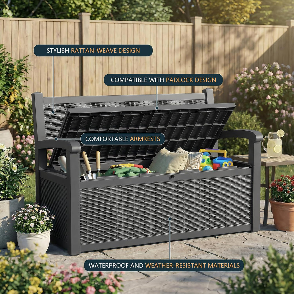 DRATO 75 Gallon Storage Bench Deck Box Outdoor Indoor,Lockable Durable All-Weather Seating with Hidden Storage,Deck Storage for Garden, Pool, Patio,Black