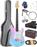 Leo Jaymz Beginner Electric Guitar Complete Kit with Portable Amp, Padded Gig Bag & Full Accessories, Maple Neck SSS Pickups(Pink-Blue Fade)