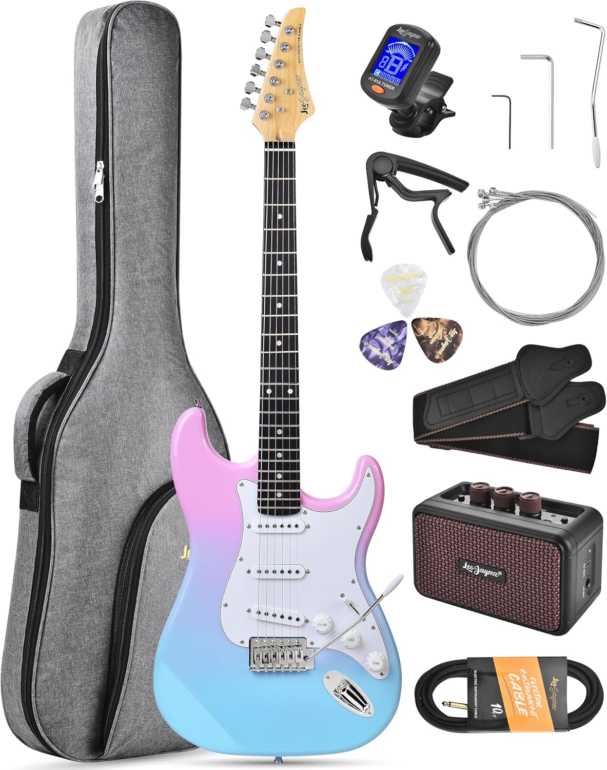 Leo Jaymz Beginner Electric Guitar Complete Kit with Portable Amp, Padded Gig Bag & Full Accessories, Maple Neck SSS Pickups(Pink-Blue Fade)