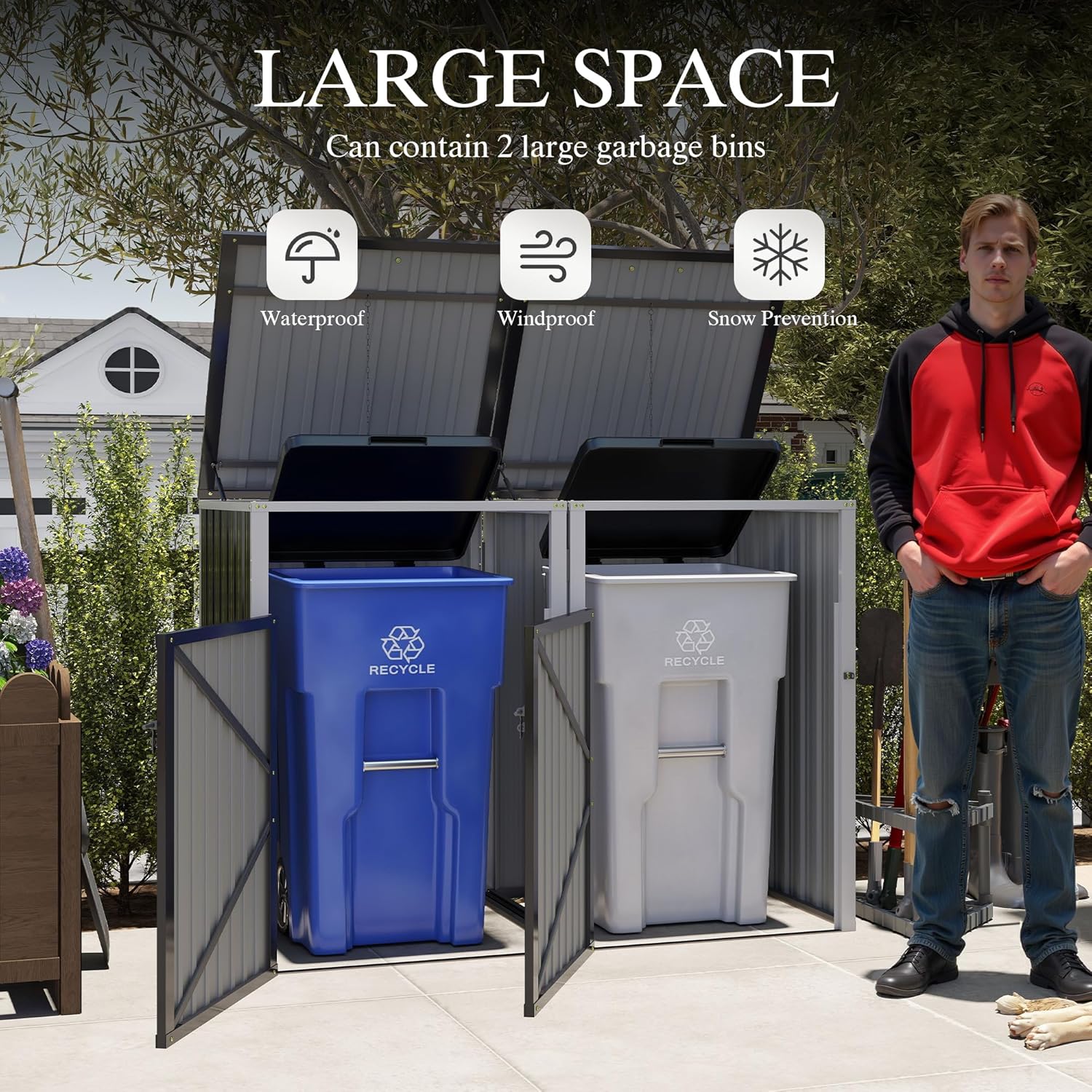 Garbage Bin Shed Stores 2 Trash Cans Metal Outdoor Bin Shed for Garbage Storage,54 Cubic feet of Space,Stainless Galvanized Steel, Bin Shed for Garden Yard Lawn,Grey