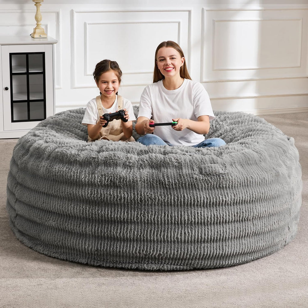 Hobestluk Bean Bag Chairs Beanbag Chair with Filler Adult Bean Bags with Fluffy Ripple Cover, Giant Bean Bag Chairs for Adults (Grey, 6FT - 70' x 70' x 15')